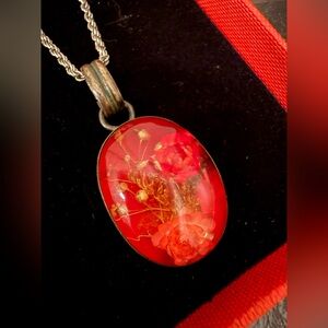 Vintage Red Flower Curio Necklace with Silver Chain